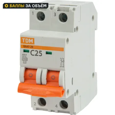 Автоматический выключатель TDM Electric ВА47-29 2P C25 А 4.5 кА SQ0206-0095 автоматический выключатель tdm electric ва47 29 1p c6 а 4 5 ка sq0206 0070