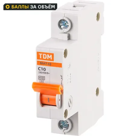 Автоматический выключатель TDM Electric ВА47-63 1P C10 А 4.5 кА SQ0218-0002