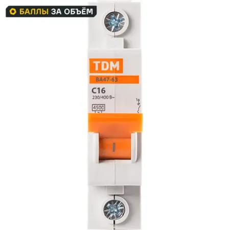 Автоматический выключатель TDM Electric ВА47-63 1P C16 А 4.5 кА SQ0218-0003