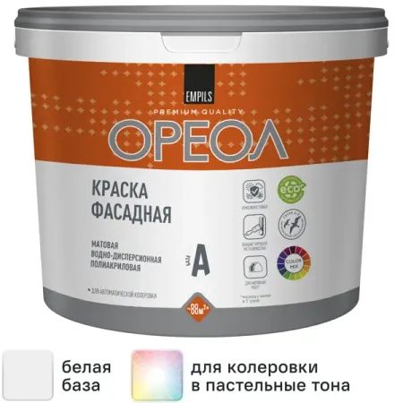 Краска фасадная Ореол матовая цвет белый база А 9 л