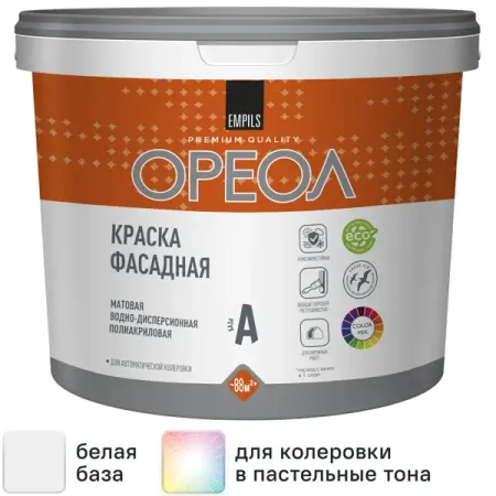 Краска фасадная Ореол матовая цвет белый база А 4.5 л