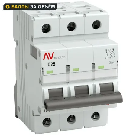 Автоматический выключатель EKF Averes AV-6 3P C25 А 6 кА mcb6-3-25C-av узо ekf averes dv 4p 25 а 100 ма ac