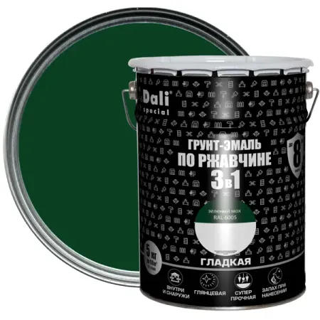 Грунт-эмаль по ржавчине 3 в 1 Dali Special гладкая цвет зелёный мох 5 кг RAL 6005