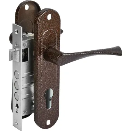 Замок врезной с дверными ручками на планке Зенит ЗВ4-60/07 медь