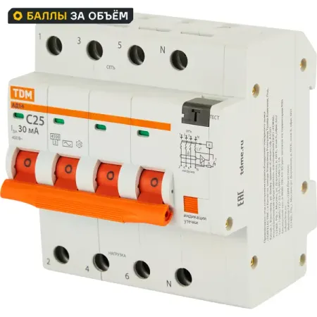 Дифференциальный автомат Tdm Electric АД-14 4P C25 A 30 мА 4.5 кА AC SQ0204-0133