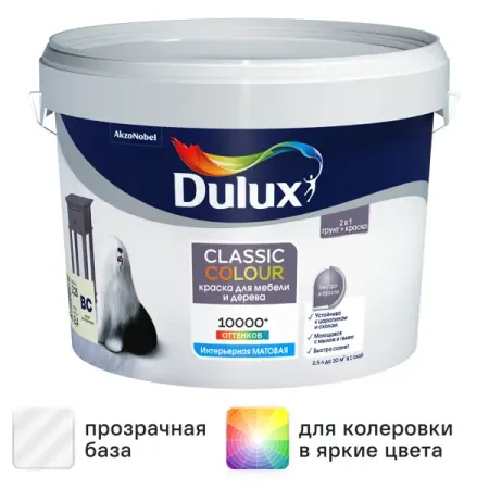 Краска для мебели и дерева Dulux Classic Colour моющаяся матовая прозрачная база BC 2.25 л деревянные очные аппликации для мебели