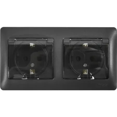 Розетка двойная встраиваемая влагозащищенная Systeme Electric Glossa с заземлением со шторками IP44 в сборе цвет антрацит