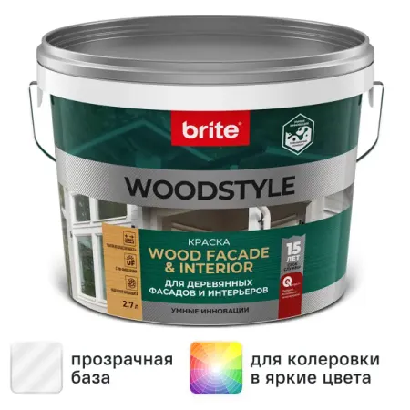Краска для деревянных фасадов Brite Woodstyle Prof моющаяся матовая цвет прозрачный база С 2.7 л