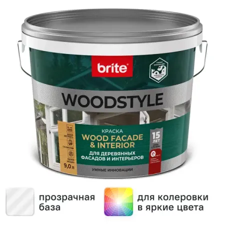 Краска для деревянных фасадов Brite Woodstyle Prof моющаяся матовая цвет прозрачный база С 9 л