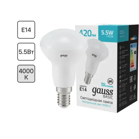 Лампа светодиодная Gauss R39 E14 170-240 В 5.5 Вт гриб матовая 420 лм, нейтральный белый свет лампа светодиодная gauss elementary g13 t8 24 вт 4000к нейтральный свет 180 240 в трубка 1200 мм 93024