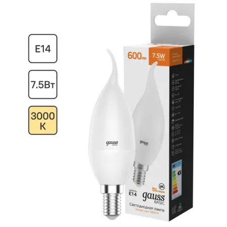 Лампа светодиодная Gauss E14 170-240 В 7.5 Вт свеча на ветру матовая 600 лм теплый белый свет led свечи rnntuu теплый свет