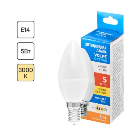 Лампа светодиодная Volpe E14 220-240 В 5 Вт свеча матовая 470 лм теплый белый свет
