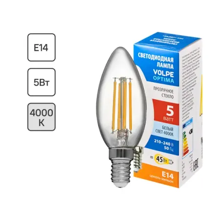 Лампа светодиодная Volpe LEDF E14 220-240 В 5 Вт свеча прозрачная 470 лм нейтральный белый свет