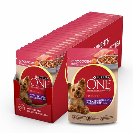 Консервы, паучи Purina ONE Паучи для взрослых собак малых пород с чувствительным пищеварением, с лососем, рисом и морковью (1 шт)