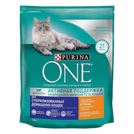 Сухие корма Purina ONE Корм для стерилизованных кошек и кастрированных котов, живущих в домашних условиях, с курицей и злаками (1.5 кг)