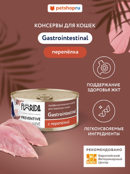 Холистики FLORIDA prof консервы (профилактика) Gastrointestinal для кошек для поддержания здоровья пищеварительной системы, с перепёлкой (100 г)