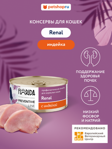 Холистики FLORIDA prof консервы (профилактика) Renal для кошек для поддержания здоровья почек, с индейкой (100 г)