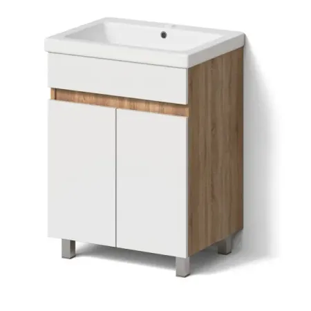 Тумба под раковину Cube 60 см напольная эмаль цвет белый глянец/дуб вотан