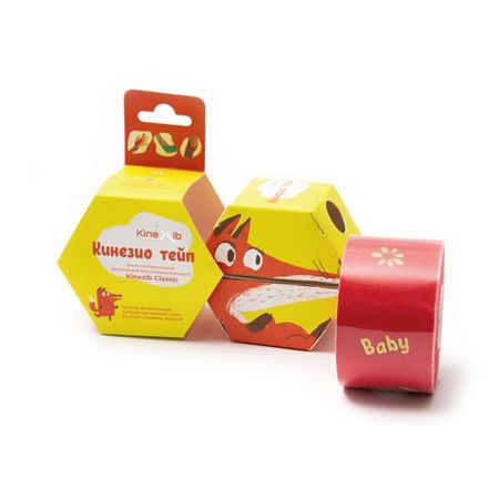 Тейп кинезио цвет красный, принт лиса Kinexib Classic Baby 4х400см