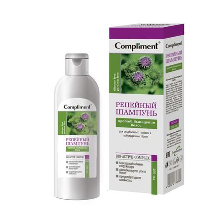 Шампунь для волос против выпадения без спирта, парабенов, силиконов репейный Compliment/Комплимент 200мл