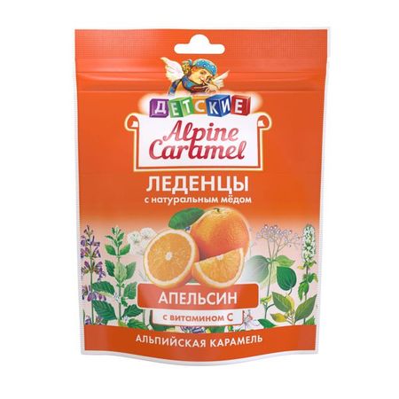 Альпийская карамель с медом и витамином С апельсин детские Alpine Caramel леденцы пак. 75г