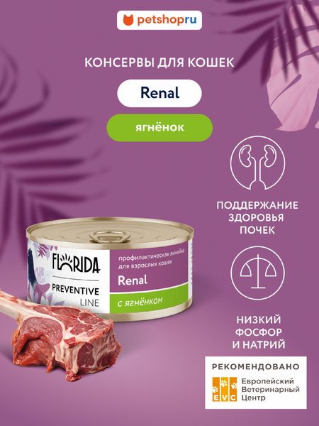 Холистики FLORIDA prof консервы (профилактика) Renal для кошек для поддержания здоровья почек, с ягненком (100 г)