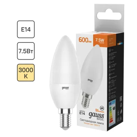 Лампа светодиодная Gauss E14 170-240 В 7.5 Вт свеча матовая 600 лм теплый белый свет led свечи rnntuu теплый свет