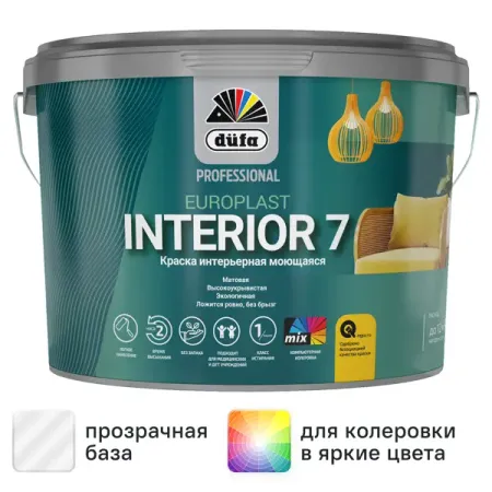 Краска для стен и потолков Dufa Europlast Interior 7 моющаяся матовая прозрачный база C 9 л