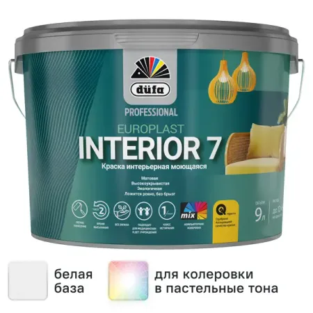 Краска для стен и потолков Dufa Europlast Interior 7 моющаяся матовая цвет белый база A 9 л