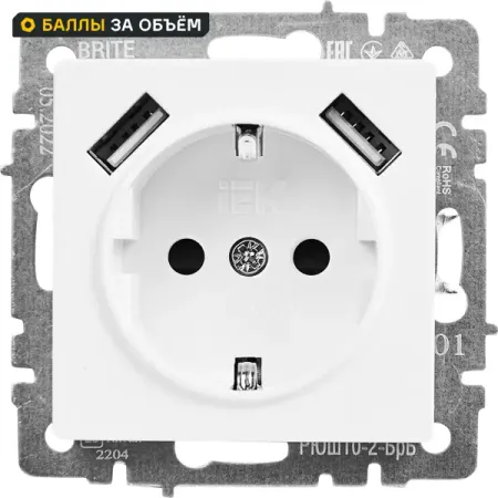Розетка USB встраиваемая IEK Brite РЮш10-2-БрБ с заземлением цвет белый вывод кабеля iek brite мв10 бркр белый