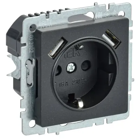 Розетка USB встраиваемая IEK Brite РЮш10-2-БрЧ с заземлением цвет черный настенная розетка с двумя usb портами