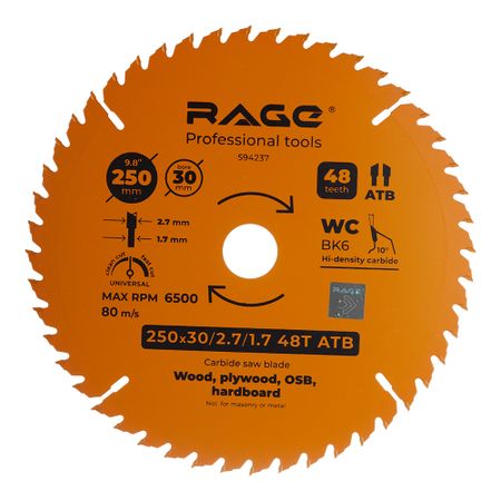 Диск пильный по дереву Rage by Vira Universal 250х30х1,7 мм 48 зубьев (594237)