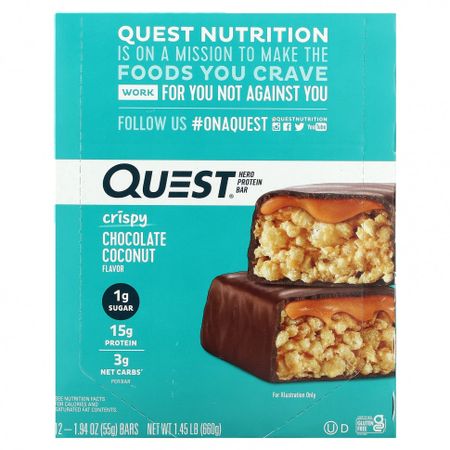 Quest Nutrition, Hero Protein Bar, хрустящий шоколад с кокосом, 12 батончиков, 55 г (1,94 унции) 