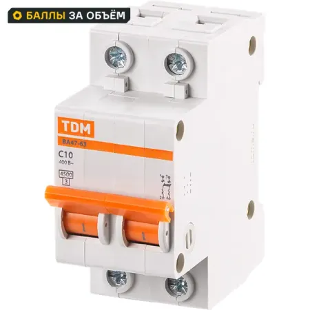 Автоматический выключатель TDM Electric ВА47-63 2P C20 А 4.5 кА SQ0218-0027