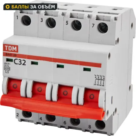 Автоматический выключатель TDM Electric ВА47-29 4Р C32 A 4.5 кА выключатель автоматический iek вa47 29 3 полюса 10 a