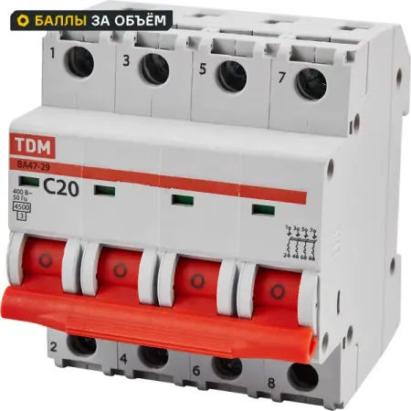 Автоматический выключатель TDM Electric ВА47-29 4Р C20 A 4.5 кА выключатель автоматический iek вa47 29 3 полюса 10 a