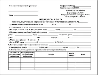 Медицинская карта пациента, получающего медицинскую помощь в амбулаторных условиях (форма №025/у)