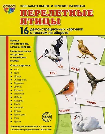 Перелётные птицы: 16 демонстрационных картинок с текстом на обороте
