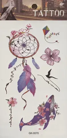 Тату Перышки, цветы, акулы, 3 вида (GK-0083)(GK-0076)(GK-0070)(9,7*19,8)