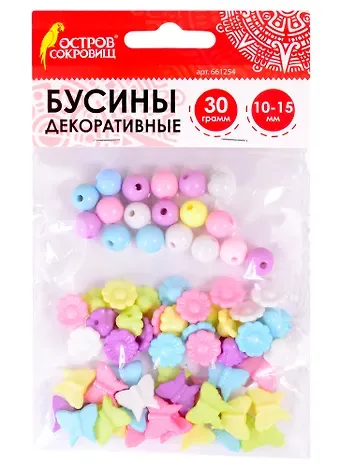 Бусины декоративные Микс №2 (10-15 мм) (30 г) (6 цв) (3+) (661254) (упаковка) (Остров сокровищ)