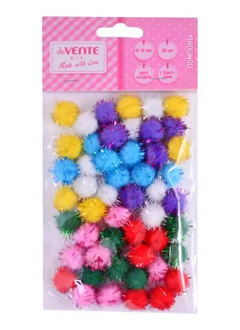 Набор помпонов для творчества deVENTE (цв. ассорти+блестки) (50 шт.) (15 мм.) (3+) (8000056) (deVente) (упаковка)