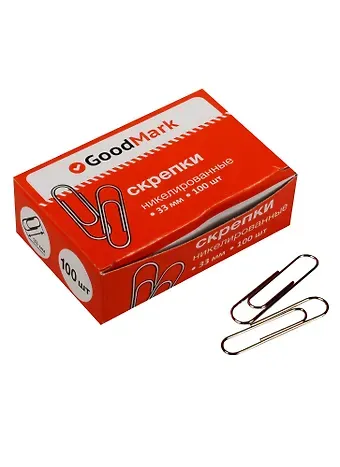 Скрепки 33 мм 100 штук, никелированные, круглые, GoodMark