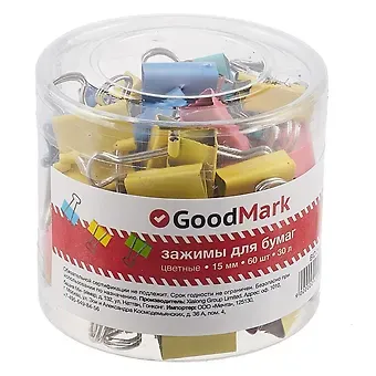 Зажимы для бумаг GoodMark, цветные, 15 мм, 60 штук