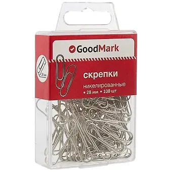 Скрепки 28мм 100шт никел., пл/уп, GoodMark