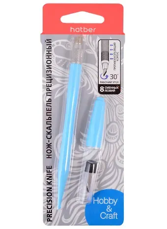 Нож-скальпель Hatber канцелярский прецизионный 24x4мм, противоскользящая ручка, 8 зап.лезвий, блистер Предназначен для работ по бумаге, картону, дереву, коже, винилу.