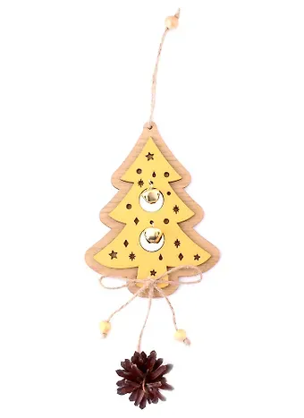 Новогоднее подвесное украшение с шишкой и бубенчиками Ёлочка (золото) (дерево) (14х10)