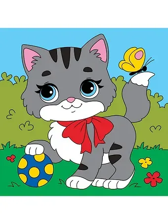 Холст с красками. Котёнок с мячом, 15х15 см