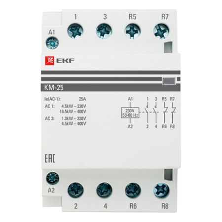 Контактор модульный EKF PROxima КМ 400 В 25 А тип AC 2НО+2НЗ (km-3-25-22) zusen yjx2 18 ac контактор 18a 3 фазный 3 полюсный 1no 1nc катушка напряжения 380v 220v 110v 36v 24v 50hz