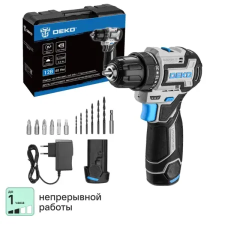 Дрель-шуруповерт аккумуляторная бесщеточная Deko SHARKER12VPRO, 12 В Li-ion 2x2 Ач аккумуляторная дрель nanwei 20в 120 н·м
