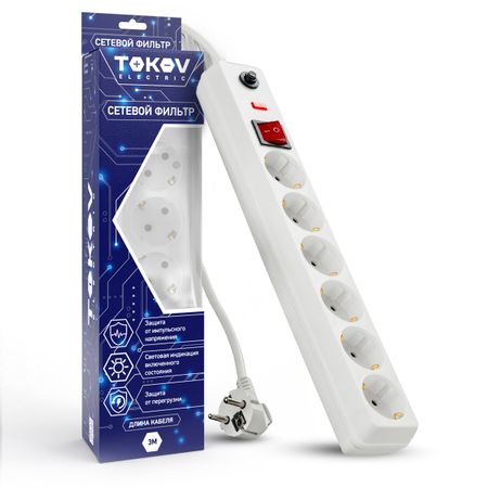 Сетевой фильтр Tokov Electric 6 розеток 3 м 16А сечение 3х1 мм² белый